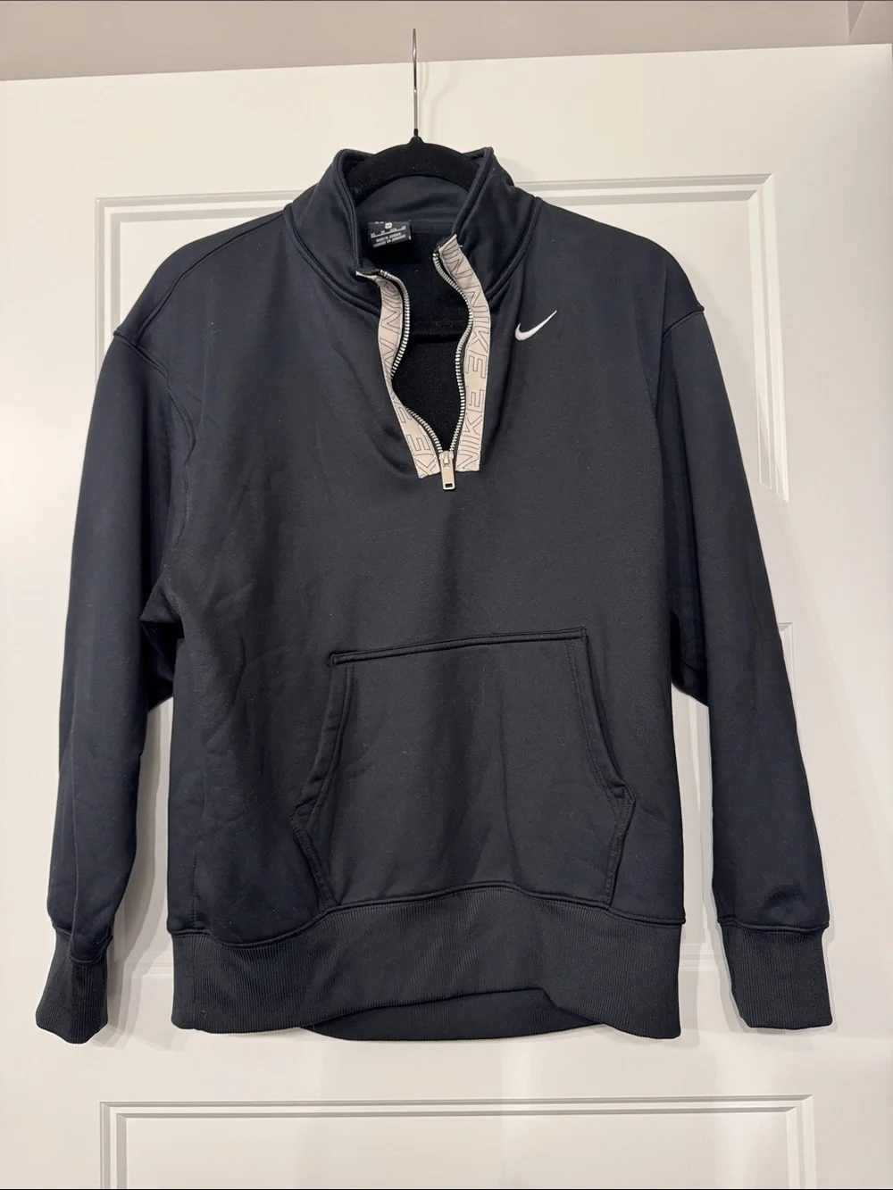 Nike Black 1/4 Zip Pullover with White Swoosh and Contrast Placket
